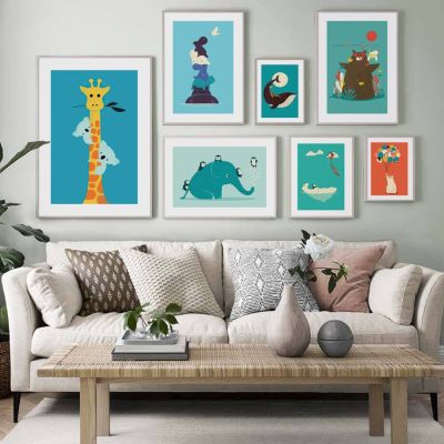 การ์ตูนสัตว์ผนังศิลปะพิมพ์ผ้าใบจิตรกรรมนอร์ดิกโปสเตอร์สำหรับเด็กประดับห้องเด็ก-ปลาวาฬ,หมี,ฮิปโป,ยีราฟ,ช้าง