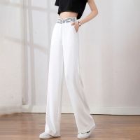 COD SDFERTGRTYTYUYU Opaque white ice silk wide leg pants womens high waist hanging letter waist 2021 loose and thin Chiffon straight pants不透白色冰丝阔腿裤女高腰垂感字母腰2021宽松显瘦雪纺直筒长裤yourbeauty5.sg1021.