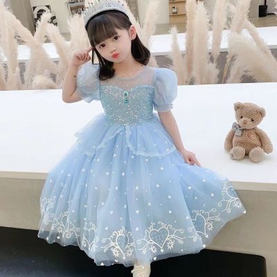 Disney Girls Elsa Princess Dress 2023 Summer New Girls Dress Elsa Princess Mesh Childrens Day Show Skirt Tide