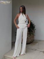 【DT】hot！ Clacive Backless Top Set Woman 2 Piece Pleated Trouser Suits Female Waist Wide Pants