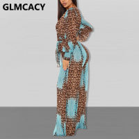 Women Long Sleeve Leopard Chiffon Jumpsuit Casual Loose Overalls