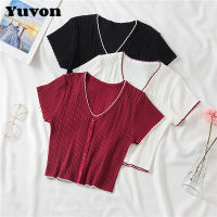 Yuvon Summer New V-neck High Waist crop Top Womens Knitted Short Sleeve blouse