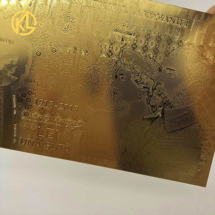 คุ้มค่ากับ-kl-ธนบัตรทองเต็ม1ชิ้นธนบัตรโรมาเนีย100สกุลเงินของที่ระลึก100th-lei-สำหรับวันครบรอบการรวมกันของโรมาเนีย