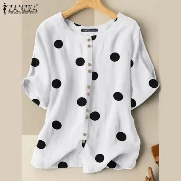 Polka Dotted Blouses with Short Sleeve and Button Down  Polka dot shirt  outfit, Polka dot blouse, Dark blue blouse