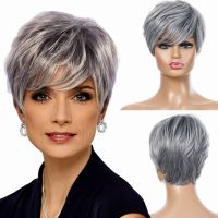 【LZ】❡  Short Wigs For Women Synthetic Hair Wig With Bangs Mixed Gray High Temperature Fiber Heat Resistant Hair Daily Use Cosplay Wigs