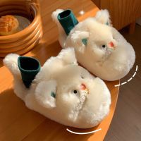 Women Indoor Cotton Fur Slippers Cute Cartoon Cat Winter Warm Plush Shoes Non-Slip Thick Sole Soft Home Platform Flats