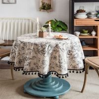 Cotton Linen Table Cloth Round Tablecloth with Tassel Dust-Proof Floral Circular Table Cover for Kitchen Dinning Tabletop Decor