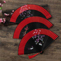 【CW】Chinese Style Dance Hand Folding Fan Red Black Flower Printed Bamboo Rib Wedding Fan Classical Home Living Room Stage Decor ซื้อทันทีเพิ่มลงในรถเข็น