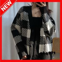 qkq971 Knitwear For Women Black And White Plaid Knit Sweater Cardigan Jacket Loose Lazy Wind Sweater