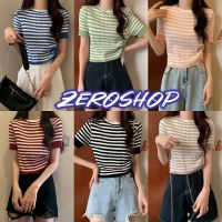 Zero shop?พร้อมส่ง? (Zero-9069) เสื้อครอปไหมพรมแขนสั้น ลายทาง ดีเทลสายรูด1ข้างเก๋