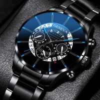 「Dark blue watch」 Luxury Mens FashionMen Strawscalendar นาฬิกาวันที่ชายสแตนเลสสตีล Masculino