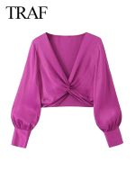 TRAF 2023 Womens Summer Knotted Silk Satin Texture Top Fashion V-Neck Lantern Sleeve Slim Shirt Sexy Womens Cropped Top