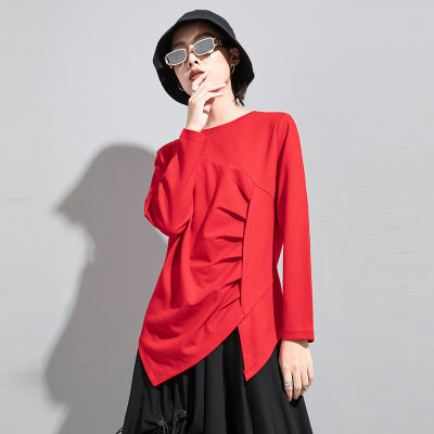 Women Red Irregular Pleated T-Shirt New O Neck Long Sleeve Loose Casual Vintage T Shirts Fashion Tops Clothes Spring Autumn