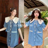 chuuchop_พร้อมส่ง(C7916)✨?☁️Becca denim dress ชุดเดรสยีนส์ แต่งปกขาว