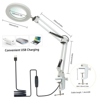 Flexible Clamp-on Table Lamp with 8x Magnifier Glass Swing Arm Dimmable Illuminated Magnifier LEDs Desk Light 3 Color Modes Lamp