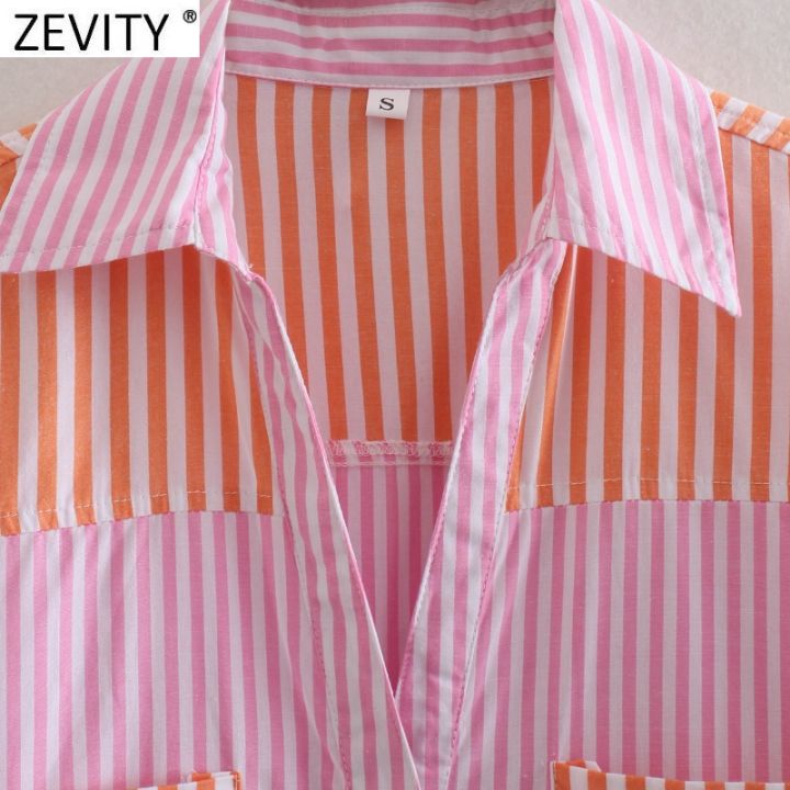 zevity-women-vintage-striped-patchwork-print-breasted-shirt-femme-color-match-casual-loose-blouse-chic-summer-pocket-tops-ls9150