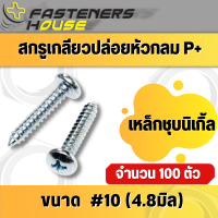 สกรูเกลียวปล่อย เหล็กชุบนิเกิ้ล หัวกลมนูน หัวกลมแฉก PH+ #10 จำนวน 100 ตัว