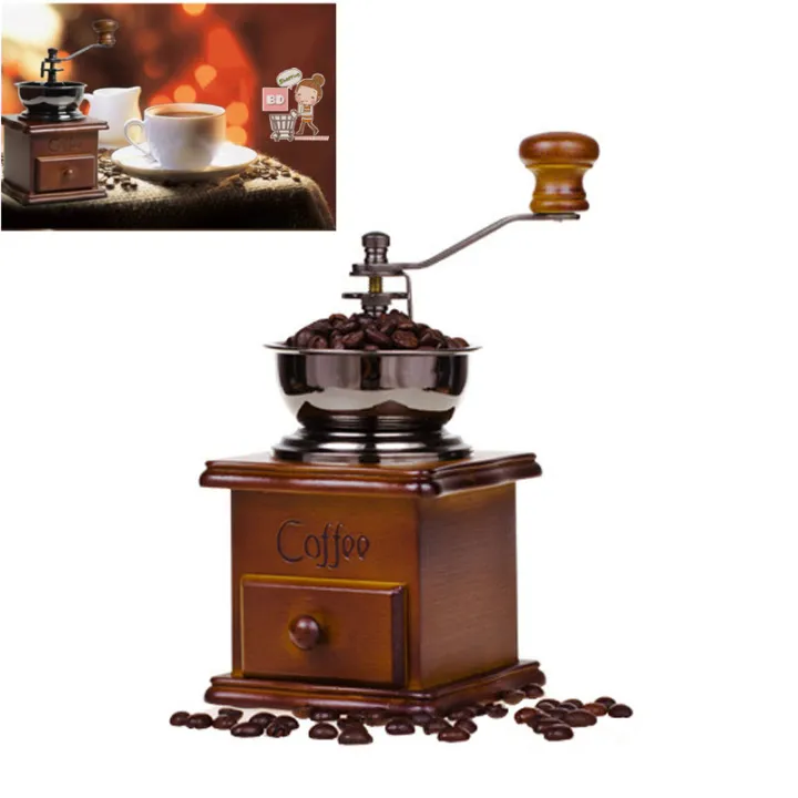 Portable Antique Appearance Wooden Base Hand Crank Coffee Bean Grinder