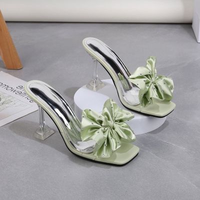 ♤ Fashion Women Sandals Korean Style Fairy Sweet Bow Half Slippers Stilleto High Heel Slides Sandals for Women with Heels