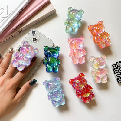 【cw】Luxury Mobile Phone Holder cket Extension Grip Foldable Solid Color Transparent Crystal Bear Mobile Phone cket Finger ！