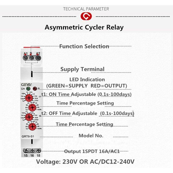 geya-grt8-s-asymmetric-cycle-timer-relay-spdt-16a-electronic-repeat-relay-grt8-s1