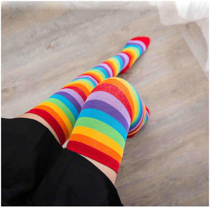 3-pairsbox-stockings-women-socks-thigh-high-over-knee-cotton-striped-rainbow-sexy-slim-ladies-girls-christmas-halloween-gift