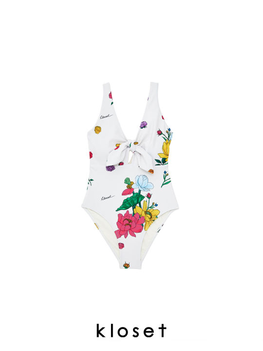 kloset-the-royal-lotus-print-swimsuit-with-ribbon-ss22-sw001-ชุดว่ายน้ำ-วันพีช-ชุดว่ายน้ำผู้หญิง-ชุดว่ายน้ำแฟชั่น-ชุดว่ายน้ำkloset