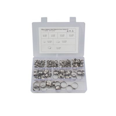 ☑ 128pcs 304 Stainless Steel Single Ear Stepless Hose Clamps Clamp Assortment Kit Crimp Pinch Rings for Securing Pipe Hoses