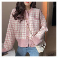 Korean Houndstooth Short Sweater Cardigan Jacket Women Elegant Imitation Mink Fleece Knitwear Tops Vintage O-neck Knitted Coats