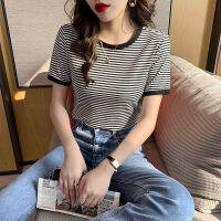 Hikigawa T-shirt Vintage Contrast Color Striped Woman Tshirts  Summer New Comfortable Chic Top Female Korean Straight Tops