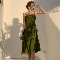 Womens Summer Avocado Green Midi Dress Casual Waist Drawstring Sling A-Line Skirt Fashion y Backless Lady Clothing