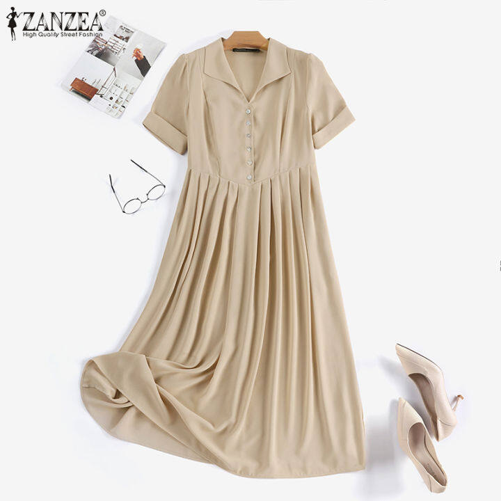 สินค้ามาใหม่-จัดส่งฟรี-fancystyle-zanzea-เสื้อสไตล์เกาหลีของผู้หญิงแบบเปิดลงปกเสื้อเดรสลำลองจับจีบชุดเดรสเข้ารูป-10