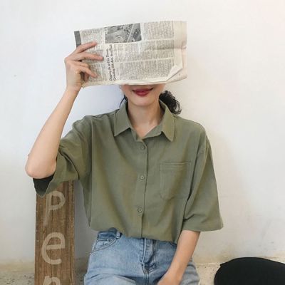 Solid Color Simple Pocket Half-Sleeved Shirt Loose Slimmer Look Casual POLO Collar All-Match Top Summ