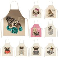 Cute Dog Pug Pattern Cotton Linen Sleeveless Chef Apron Kitchen Aprons Women Home Cooking Baking Waist Bib Pinafore 55x68cm Aprons