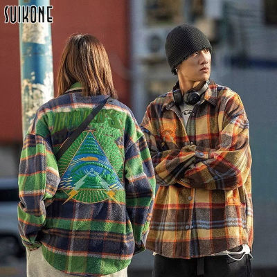 ﹊ hnf531 Suikone retro plaid shirt Loose fashion cloth label mens long-sleeved shirt Lapel literary style mens long-sleeved shirt jacket all match long sleeve shirt Japanese style oversized shirt