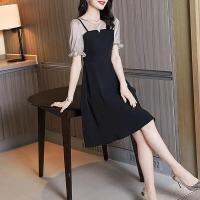 COD IOED95 Summer French Hepburn Style Small Black Skirt with A-shaped Waist and Thin Suspender Fake Two-piece Dress Female