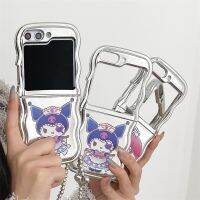 เคสโทรศัพท์ลายการ์ตูน Kuromi Melody สำหรับ Samsung Galaxy Z Flip 3 4 5 Z ฝาหลังชุบ ZFlip5 Flip5พร้อมสายรัดข้อมือ