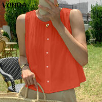 VONDA เสื้อกล้ามเสื้อยืดคอกลมแขนกุดสไตล์ผู้หญิง,เสื้อกั๊กสีพื้นทรงหลวมสำหรับวันหยุด (ลายดอกไม้เกาหลี)