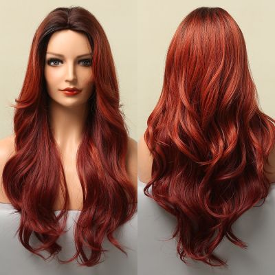 GEMMA Long Wavy Ombre Red Brown Synthetic Wigs for Women Heat Resistant Natural Middle Part Cosplay Party Lolita Hair Wigs