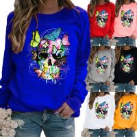 Winter Casual Women Fashion Funny Skull Printed Round Neck Long Sleeved Sweatshirt Loose Ladies Graphic T-shirt Blouse Plus Size