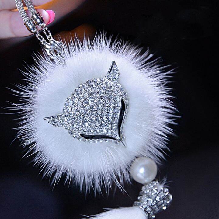 dfthrghd-car-crystal-bling-fox-plush-fur-tail-ball-pendant-animal-car-interior-decoration-rear-view-mirror-ornament-accessories-for-women