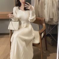 ✙☎ Knitted Dress Women Casual Long Sleeve Vintage Elegant Office Sweater Dress Female 2021 Autumn One Piece Dress Korean Outerwear