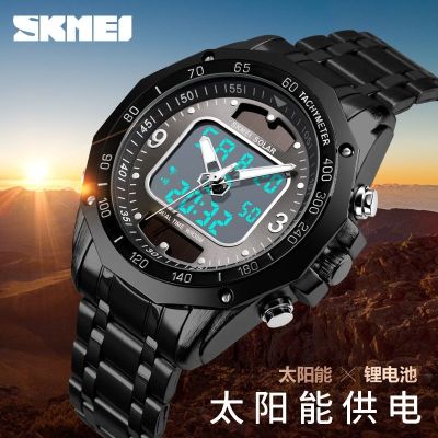 【Hot seller】 electronic watch mens double display waterproof luminous multifunctional sports automatic non-mechanical steel belt quartz