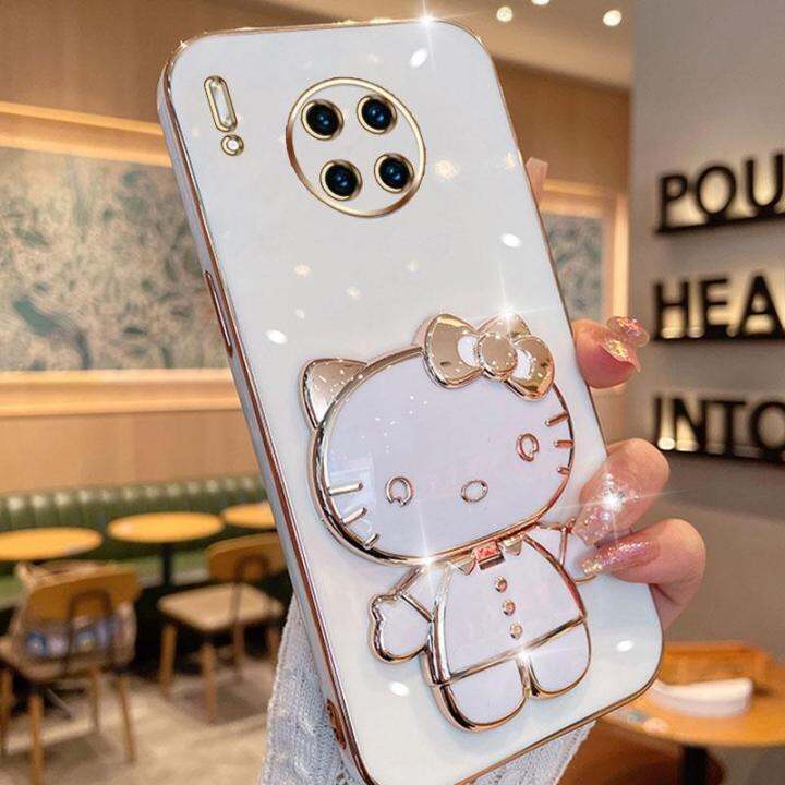 folding-makeup-mirror-phone-case-for-huawei-mate-30-pro-mate-20-pro-mate-40-50-pro-case-fashion-cartoon-cute-cat-multifunctional-bracket-plating-tpu-soft-cover-casing