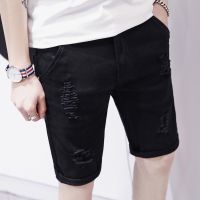 CODxdrrf5157 （7.7优惠购）Ripped denim shorts mens slim five-point pants middle pants simple trend student black stretch pant破洞牛仔短裤男士修身五分裤中裤简约潮流学生黑色弹力裤子男