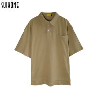 Suikone โปโล เสื้อโปโลสีพื้นลำลองของผู้ชาย,เสื้อคอปกแขนสั้นคอตั้งมีกระเป๋าด้านข้างทรงหลวมลำลอง