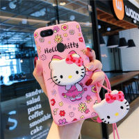 การ์ตูนสีชมพูสำหรับ OPPO F9 A9 F11 F11 Pro Realme 2 Pro Realme U1น่ารัก Hello Kitty Lanyard เคสโทรศัพท์แบบตั้งได้เคสมือถือซิลิโคนนิ่มปกหลัง