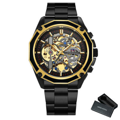 【☑Fast Delivery☑】 anlei3 Forsining นาฬิกาข้อมือกลไกอัตโนมัติของผู้ชาย,นาฬิกาธุรกิจหน้าปัดเปลือยสายสเตนเลสสตีลสีทอง