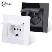 Coswall Glass Panel Wall Socket Grounded With Waterproof Lid Cover EU Russia Spain France Outlet With Children Protective Lock Electrical Circuitry  P