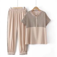 【มีไซส์ใหญ่】Plus Size Womens 2 Pieces Summer Sets Short Sleeve Printed Top Elastic Waist Ankle Pants Casual Female SuitsJH